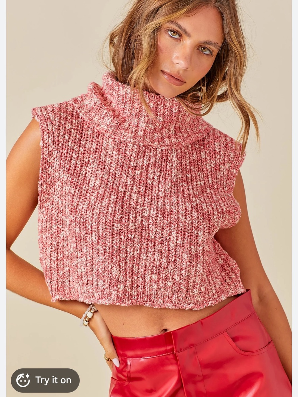 Sleeveless Cropped Turtle Neck Sweater red